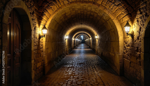 Bastille Prison Bastille Day Copy space Brick tunnel with glowing lanterns at night