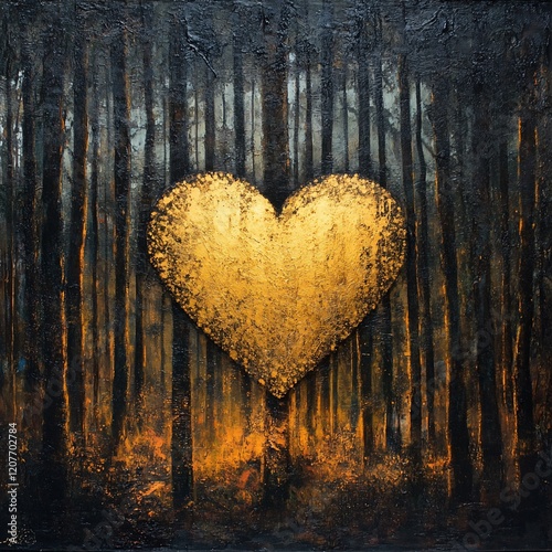 Golden Heart in the Dark Forest: A Symbolic Painting of Love and Hope Amidst Darkness photo