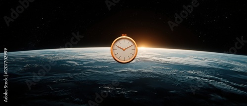 Fototapeta Naklejka Na Ścianę i Meble -  Planet Earth with Floating Clock Representing Time and Space Against Cosmic Background During Sunrise