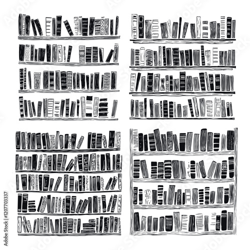 Book Shelves Linocut Print Style Vector Illustrations Unique Artwork Creative Design Decorative Elements Artistic Visuals Modern Graphics Distinctive Art Style Library Shelves