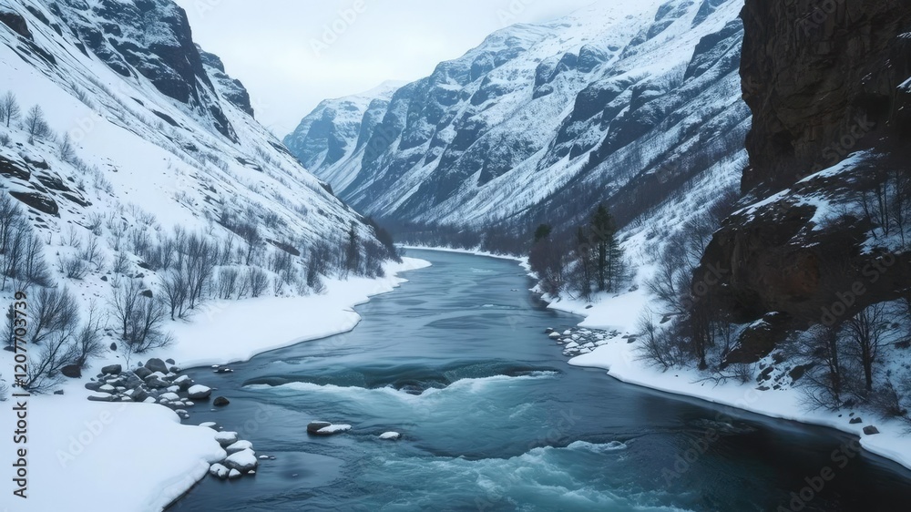 Fototapeta premium Arctic river flowing through a frozen valley, frozen river, arctic landscape
