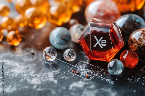 A periodic table highlighting xenon (Xe) in its noble gas group, with a sleek and modern design