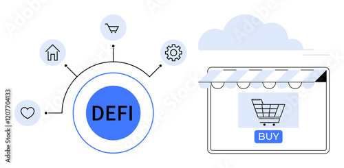 Defi circle with connected icons for house, shopping cart, gear, and heart. Online store interface with buy button and cart. Ideal for fintech, e-commerce, investment, technology innovation digital