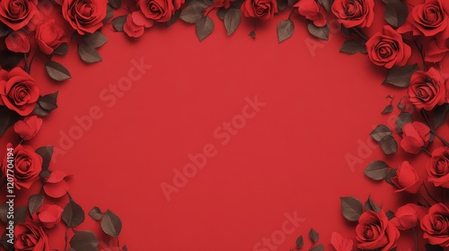 Wallpaper Mural Beautiful arrangement of vibrant red roses with green leaves on a bright red background, perfect for romantic occasions and celebrations, creating a warm atmosphere. Torontodigital.ca