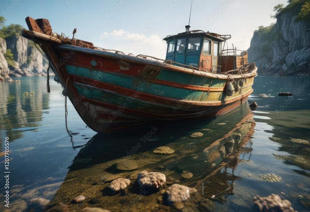 Barnacle-covered boat docked in shallow water, coastal scenery, sea spray Barnacle-covered boat docked in shallow water, coastal scenery, sea spray