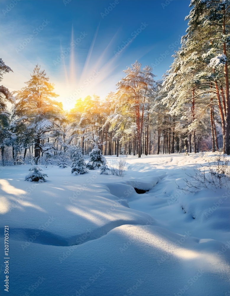 Winter solstice concept. Beautiful snowy picturesque forest landscape with snow and drifts Winter solstice concept. Beautiful snowy picturesque forest landscape with snow and drifts