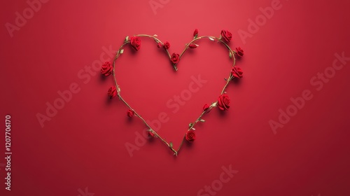 Romantic Heart Shape Created with Red Roses and Green Leaves against a Bold Red Background Perfect for Love, Valentine's Day, or Wedding Celebrations