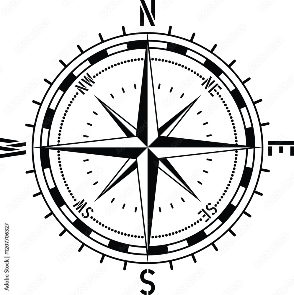 Simple Black and White Compass Rose Graphic Simple Black and White Compass Rose Graphic