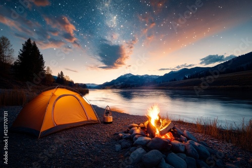 A rustic riverside campsite along the Powder River, with a tent pitched and a campfire crackling under a starlit sky