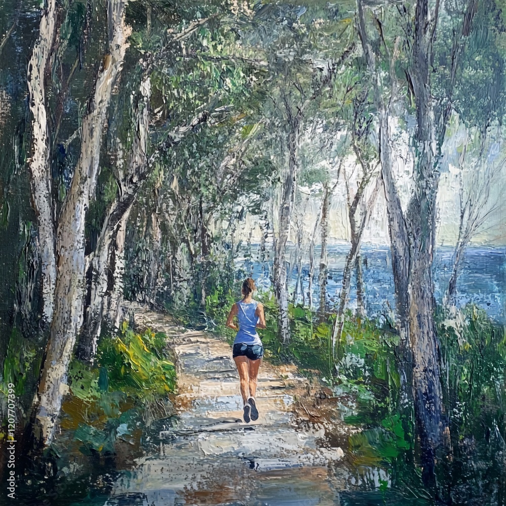 Coastal Jogging Path: A Woman Runs Through a Sunlit Forest Towards the Ocean Coastal Jogging Path: A Woman Runs Through a Sunlit Forest Towards the Ocean