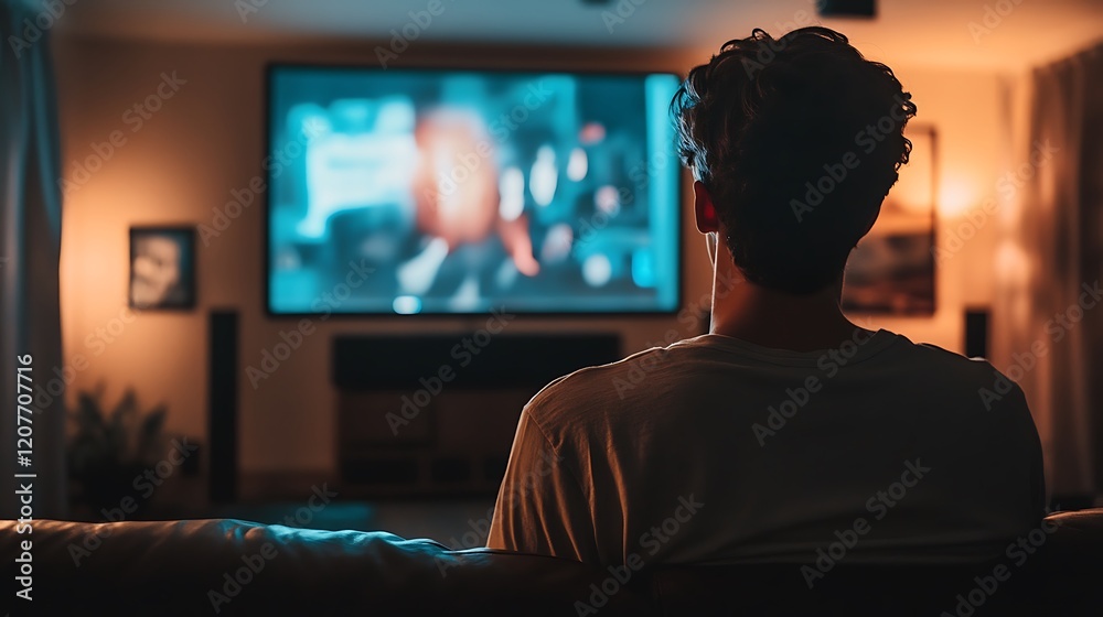 Man watching TV in dimly lit living room. Man watching TV in dimly lit living room.