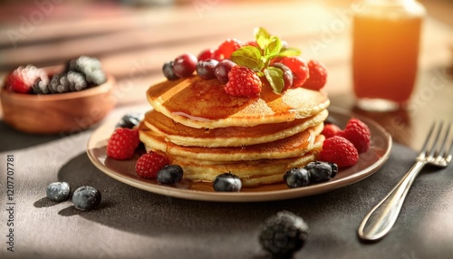 Delicious Pancakes with Berries and Syrup- A Sunny Morning Treat photo