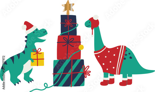 Cute Dinosaurs Celebrate Christmas with Gifts