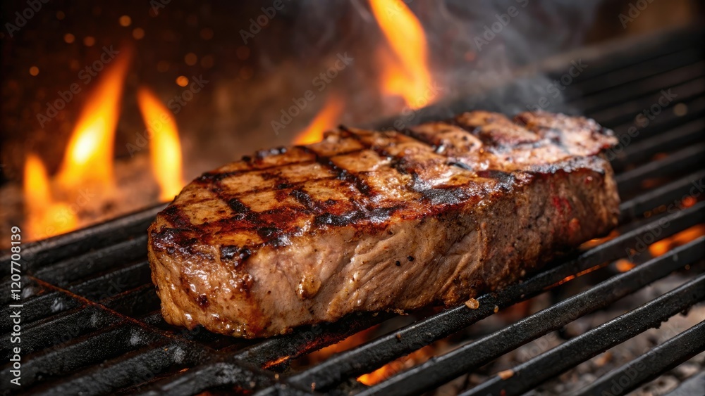 Close-up shot of a piece of grilled steak with the fiery embers of the charcoal fire reflected in its juices, flames on grill, sizzling meat Close-up shot of a piece of grilled steak with the fiery embers of the charcoal fire reflected in its juices, flames on grill, sizzling meat