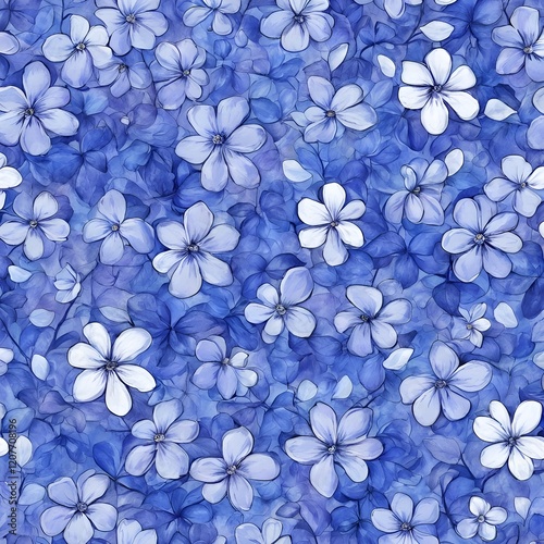 Digital matte painting with a pattern of periwinkle flowers. The picture is drawn in grunge style.