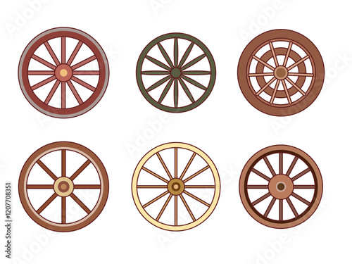 Wooden carriage wheels. Cartoon vintage transport round parts, historic vehicles elements, retro wild west wagons objects, cart tires, old transportation cartwheels, vector isolated set