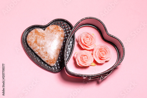 Valentine's Day flat-lay with gingerbread heart and decorative roses in baking dish.