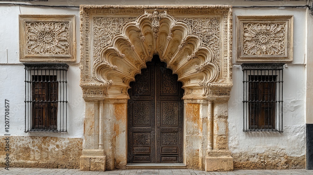 Obraz premium Intricately Carved Historical Doorway in a Whitewashed Building with Decorative Elements