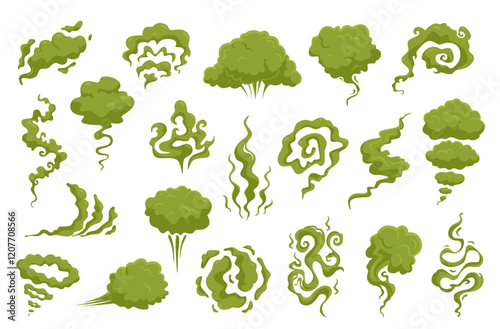 Toxic smoke. Bad smelling steams, chemical vapor, green acid gas, swirling, flowing and evaporating effect, stinky fart, poison clouds and fog, nowaday vector cartoon flat isolated set