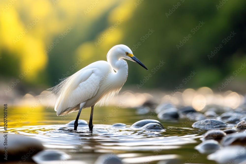 Obraz premium A snowy egret standing gracefully in the shallow waters of the Green River, with ripples spreading around its slender legs
