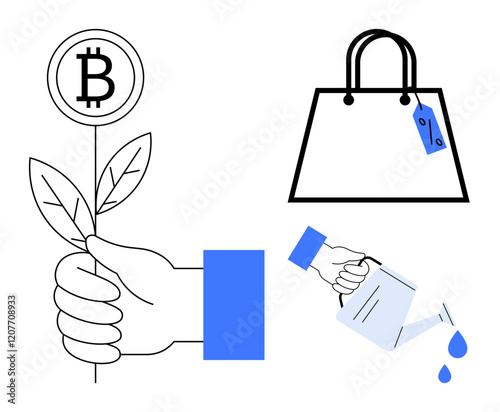 Hand holding a plant with a Bitcoin symbol, another hand watering the plant, and a shopping bag with a price tag. Ideal for investment, cryptocurrency, growth, nurturing, shopping, finance