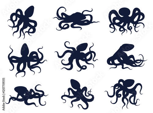 Octopus silhouette set. Squids with tentacles underwater inhabitants. Stickers collection. Seafood or oceanic fauna. Mollusk decorative isolated elements. Vector cartoon flat illustration