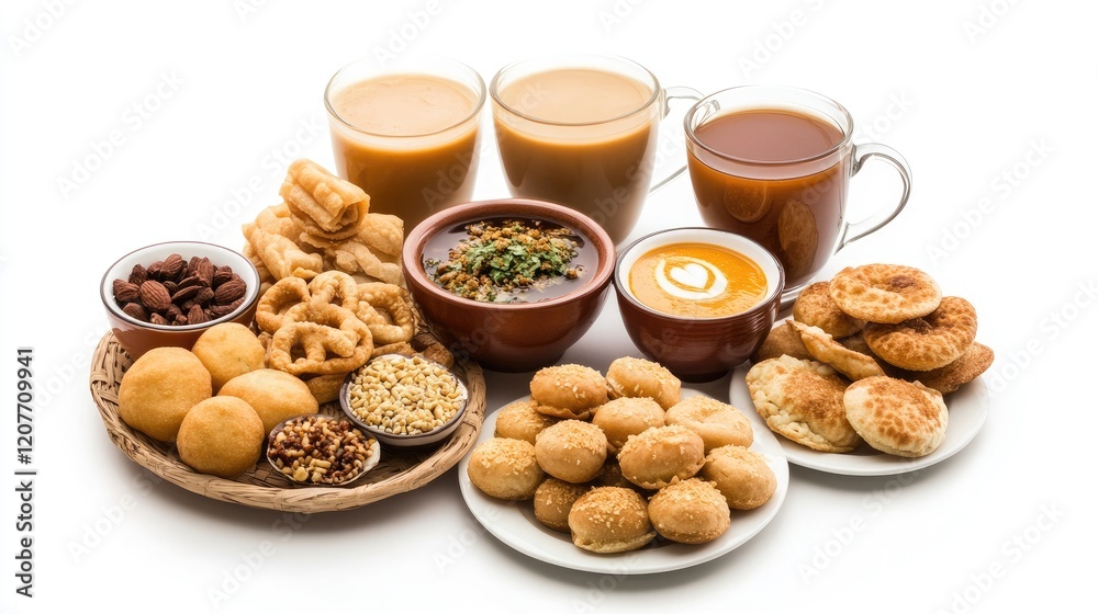 Traditional Indian Tea Time Snacks Displayed with Hot Masala Chai on White Background Ideal for Cultural and Culinary Themes Traditional Indian Tea Time Snacks Displayed with Hot Masala Chai on White Background Ideal for Cultural and Culinary Themes