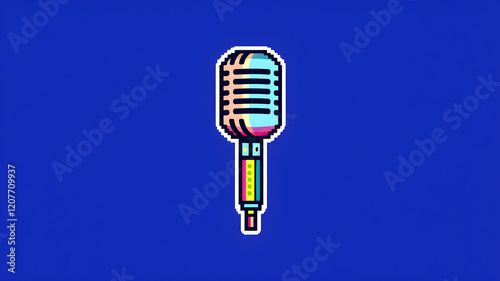 Microphone pixel art icon. Mic, sing song, karaoke icon. Music festival, concert vector illustration. Trendy Y2k retro mike sticker. Playful geometric pixel shape. Mood of 90s. Generative AI