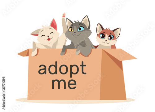 Kittens sitting in cardboard box. Homeless domestic animals find home, charity and adoption promotion, little cats, banner design or card, media post. Cartoon flat isolated vector concept