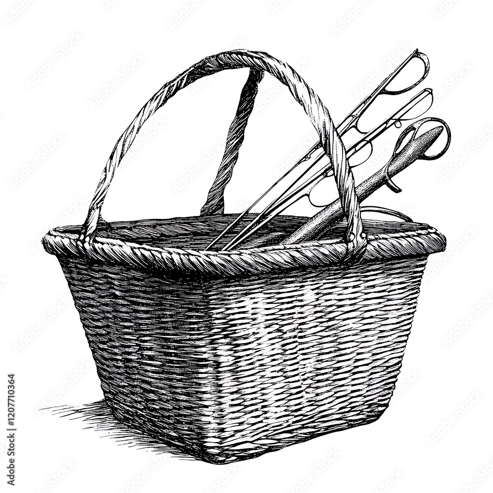 Obraz premium Wicker basket with fishing rods.