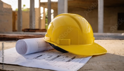 Blueprints on a yellow construction hat at a building site  photo