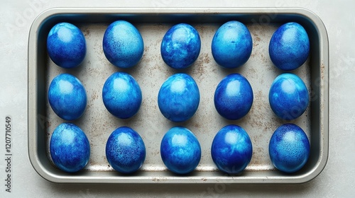 Baking tray filled with vibrant indigo blue hand-dyed Easter eggs arranged on a light gray concrete surface.
