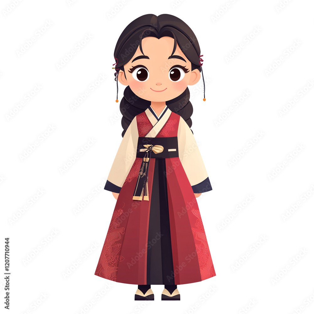 A female cartoon character wearing a traditional Korean hanbok with a modern twist A female cartoon character wearing a traditional Korean hanbok with a modern twist