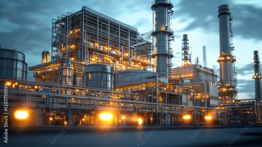 Illuminated Industrial Complex at Dusk: A Nighttime View of a Modern Refinery