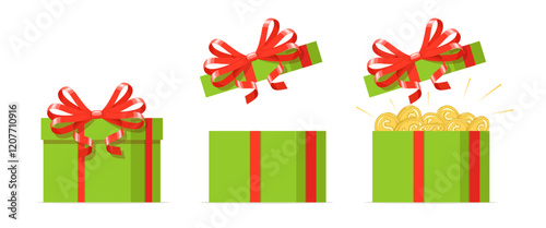 Gift box of gold coins. Open and close wrapped box, empty and full of money present, green container with red ribbon. Lottery win, secret prize. Packaging with cash. Isolated vector concept