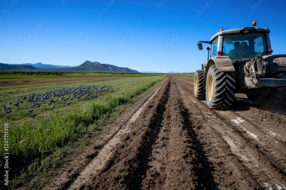 Fototapeta premium A tractor plows through a lush green field, showcasing the beauty of agriculture under a serene blue sky and mountain backdrop. The scene exudes tranquility and productivity.