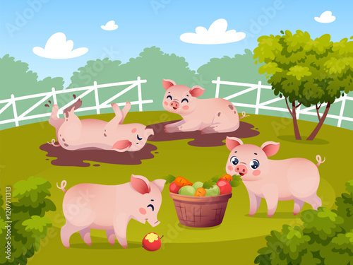 Funny little piglets. Pink pigs frolic in mud, cute farm animals playing in puddle, cartoon mascot childish characters in nature, summer meadow background, domestic mammals, vector concept