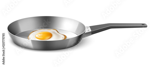 Fried egg in frying pan. Realistic protein food, healthy traditional breakfast. Home cooking, homemade organic meal, kitchen utensil, 3d elements isolated on white background. Vector concept
