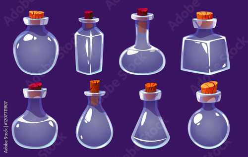 Empty glass bottles with stoppers for magical elixirs. Game ui isolated elements, interface objects. Different forms, shaped transparent jars. Vials for witch and wizard potion. Vector isolated set