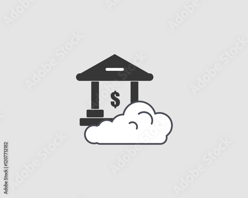 Bank and white cloud icons depicting financial technology, online transactions, banking services, and financial technology.