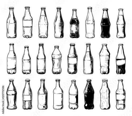 Glass Soda Bottles With Empty Labels Hand Drawn Illustrations Set On White Unique Creative Design Beverage Icons Retro Drink Packaging Collection Artistic Visuals Modern Graphics