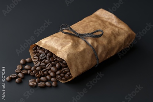 Coffee bag wrapped in coffee beans with black background.