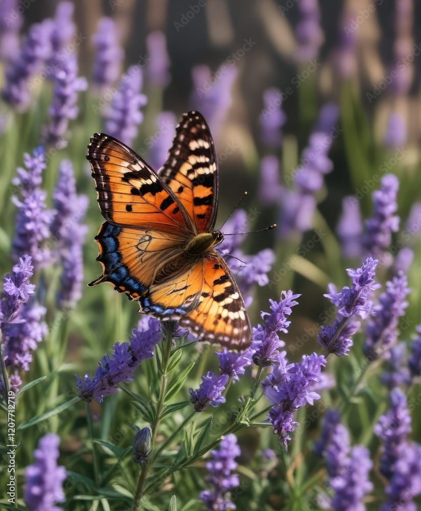 Fototapeta premium butterfly dancing around a patch of purple lavender, butterflies, dance, wildlife