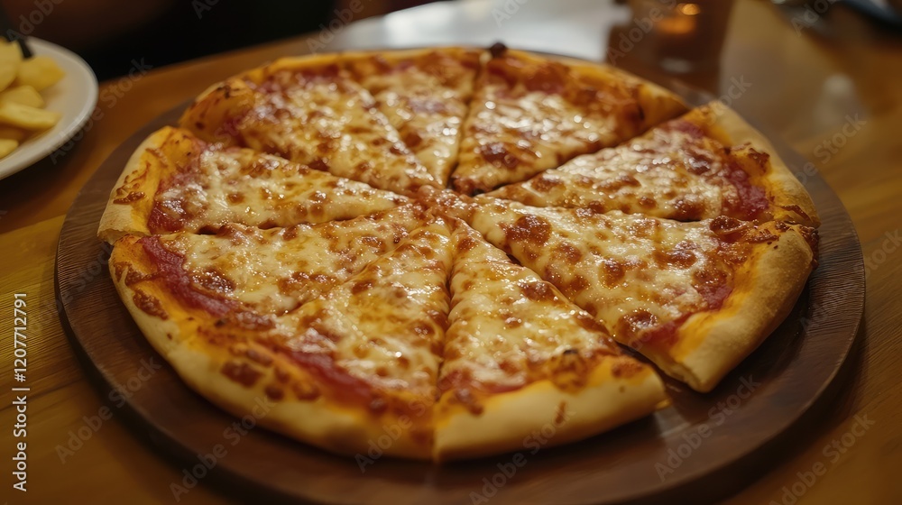 Delicious homemade pizza on a rustic wooden plate on a restaurant table with warm lighting and a cozy atmosphere Delicious homemade pizza on a rustic wooden plate on a restaurant table with warm lighting and a cozy atmosphere