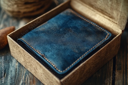 Denim wallet in a box on a wooden table.