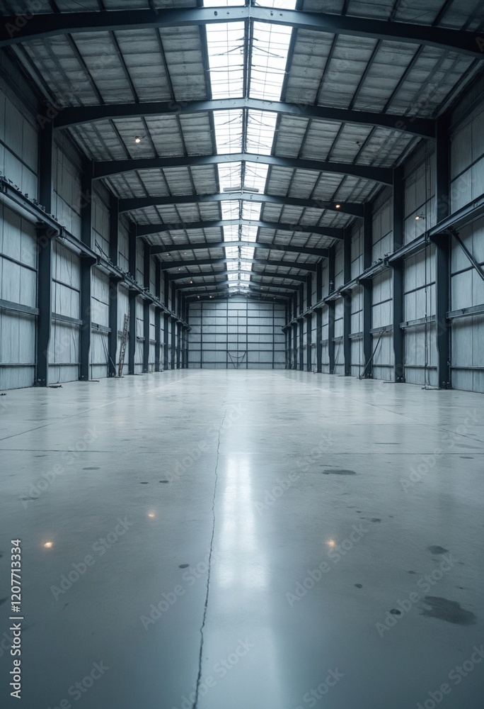 Obraz premium Concrete floor inside industrial building. Use as large factory, warehouse, storehouse, hangar or plant. Modern interior with metal wall and steel structure with empty space for industry