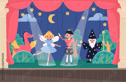 Child puppet theater scene with marionettes. Childish entertainment show, toys dolls actors and scenery. Happy boys and girls fairytale performance. Cartoon flat isolated vector concept