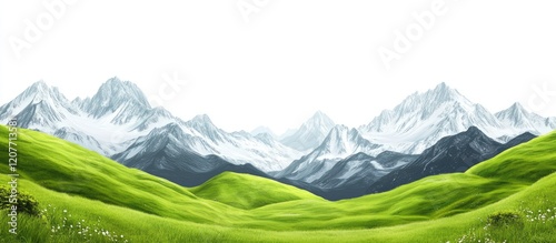 Vast Alpine Landscape Featuring Lush Green Grass Rolling Hills Under Clear Sky with Majestic Snow-Capped Mountains in Background