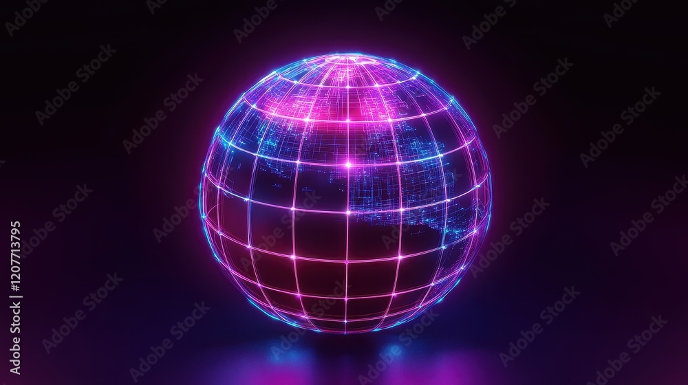 Obraz premium Globe with neon grid overlay, holographic style, connecting lights in cyan, dark backdrop, high-resolution illustration