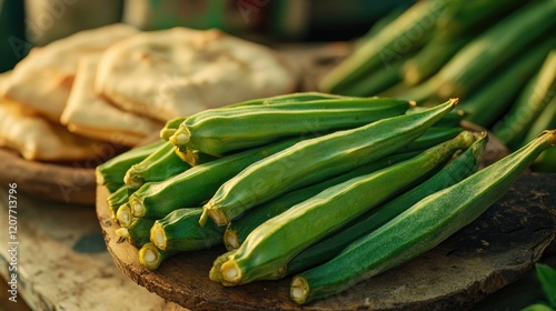 Fresh Indian okra and unleavened bread displayed together on a rustic wooden platter in a vibrant market setting photo